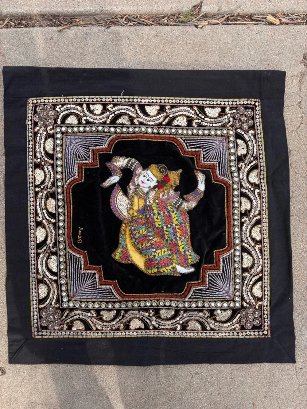 Vintage Kalaga Wall Hanging Asian Burmese Thai India Dancer Beaded Tapestry
